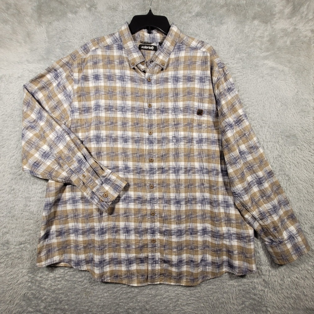 Solaris Flannel Button Shirt Mens 2XB Tan Blue‎ Plaid Long Sleeve Cotton Casual